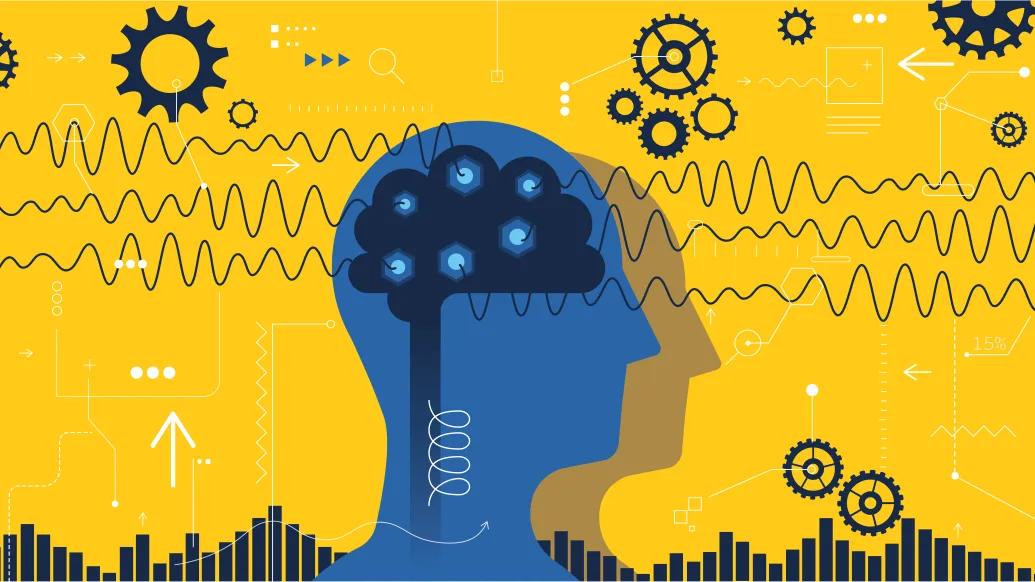 graphic with yellow background and blue face outline turned to right with brain and gears surrounding it representing thinking
