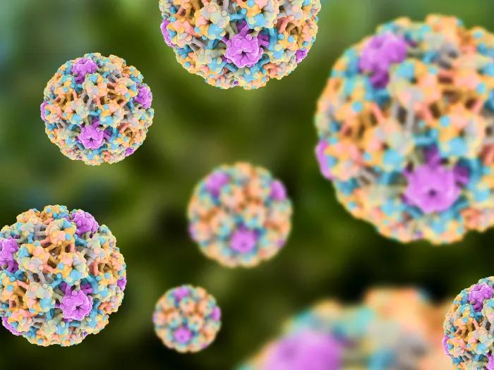 colorful cells floating pink teal orange and green black vague background