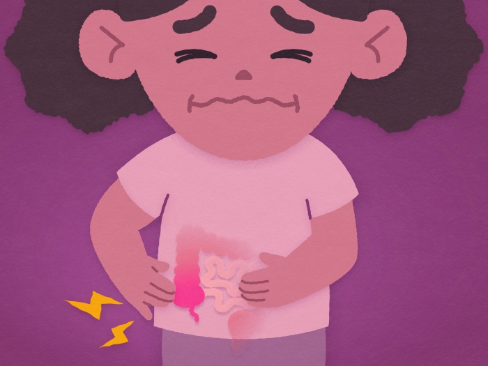 little girl in pain with pink background touching stomach and seeing inside red