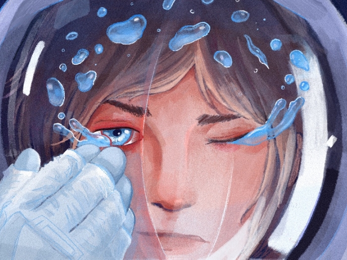 astronaut woman brushing tears away with astronaut glove and tear drops on the helment see through