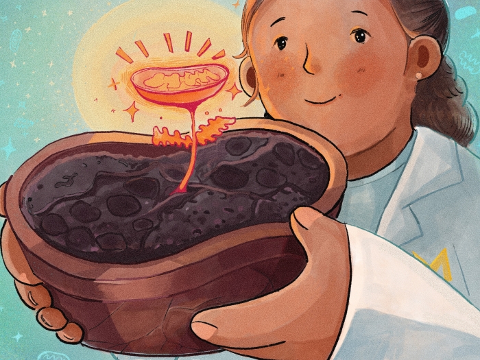 woman scientist in white coat teal background holding put with red plant coming out of it bright with gold circle around the top close up 