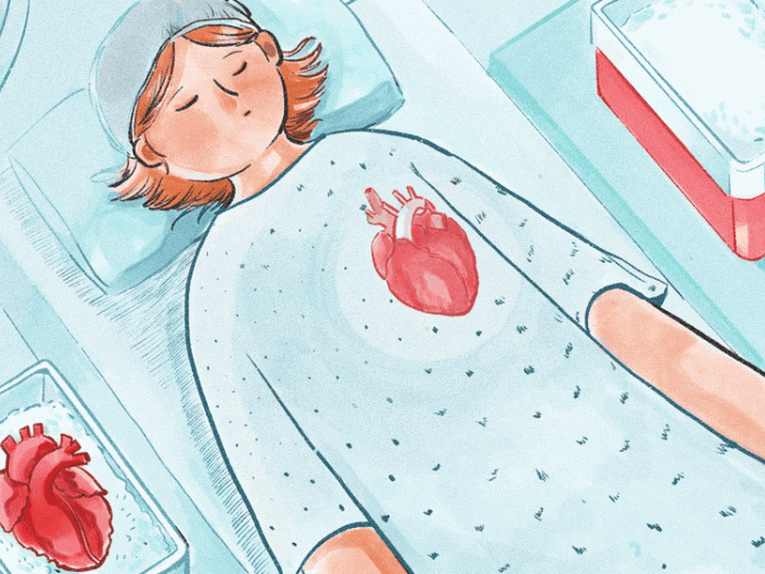cartoon moving of red heart going into chest of young girl all teal clothing and surgery room