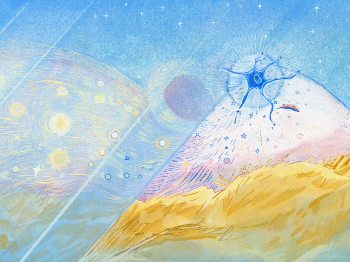 mouse drawing fading yellow and pink blue background on yellow hay stack