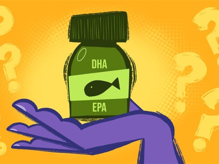 yellow background green bottle with purple hand says DHA and question marks