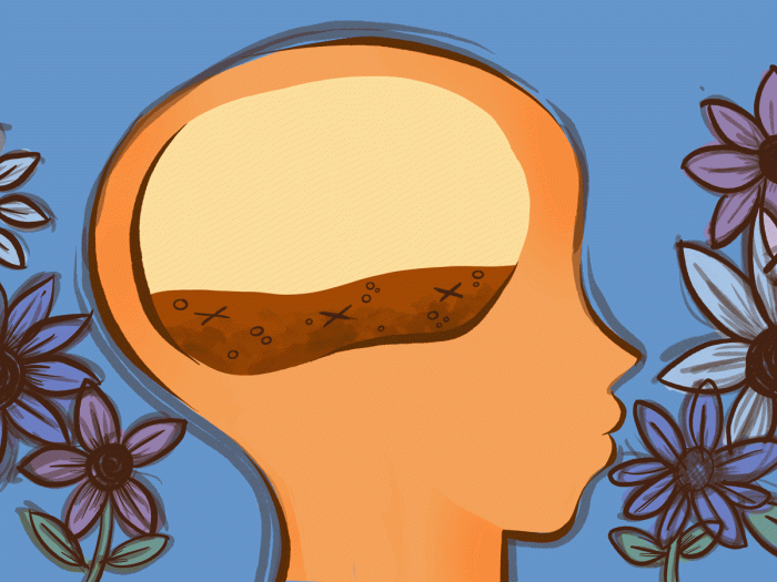 child silhouette with flowers growing inside head and flowers around the head