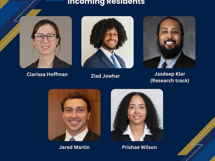 Decorative graphic with a headshot photos of Clarissa Hoffman, Ziad Jowhar, Jasdeep Kler, Jared Martin and Prishae Wilson