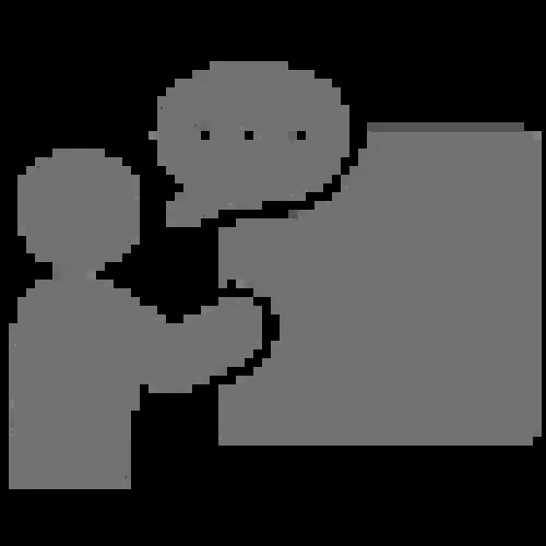 Gray icon of person with speech bubble and pointing