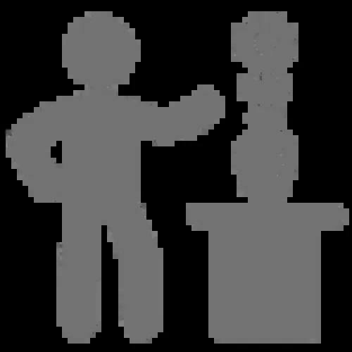 Gray icon of a person pointing to glowers on table