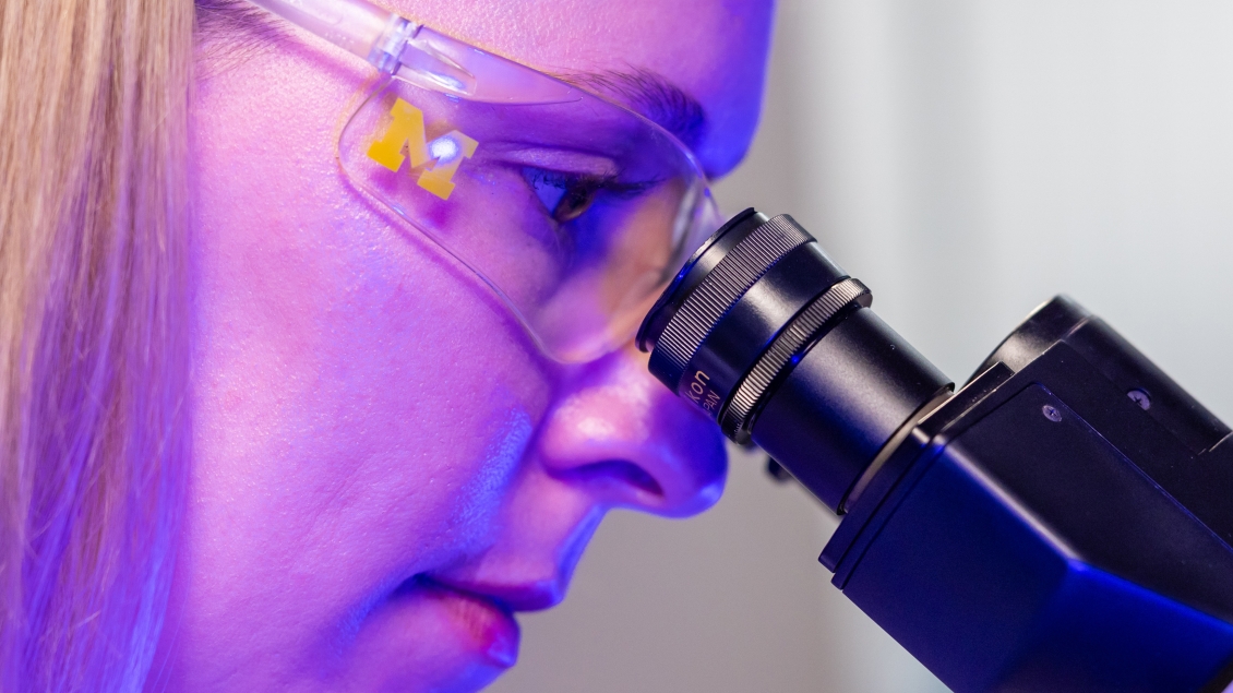 a person looking through a microscope