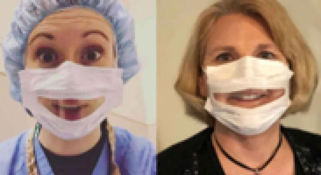 two woman wearing clear medical masks