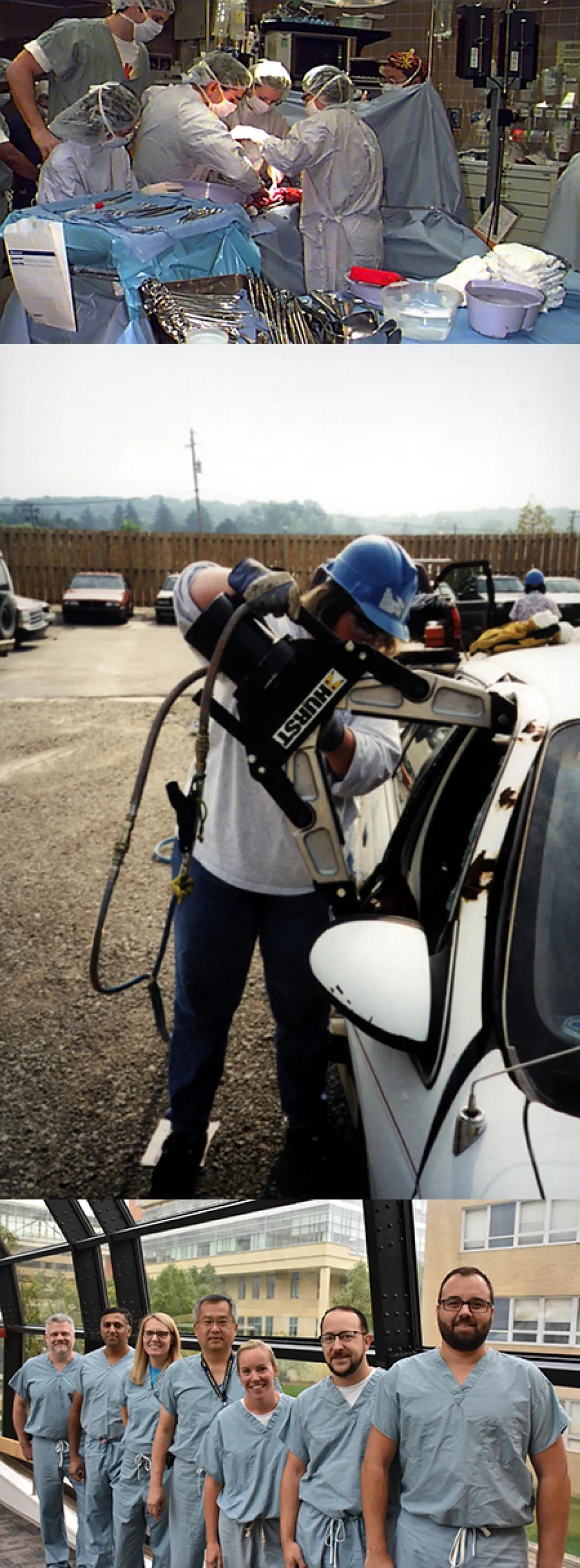 Three images stacked vertically. Top: Medical team performs surgery in an operating room. Middle: Worker in a hard hat uses a tool on a car in a parking lot. Bottom: Group of seven people in scrubs pose outside a building.