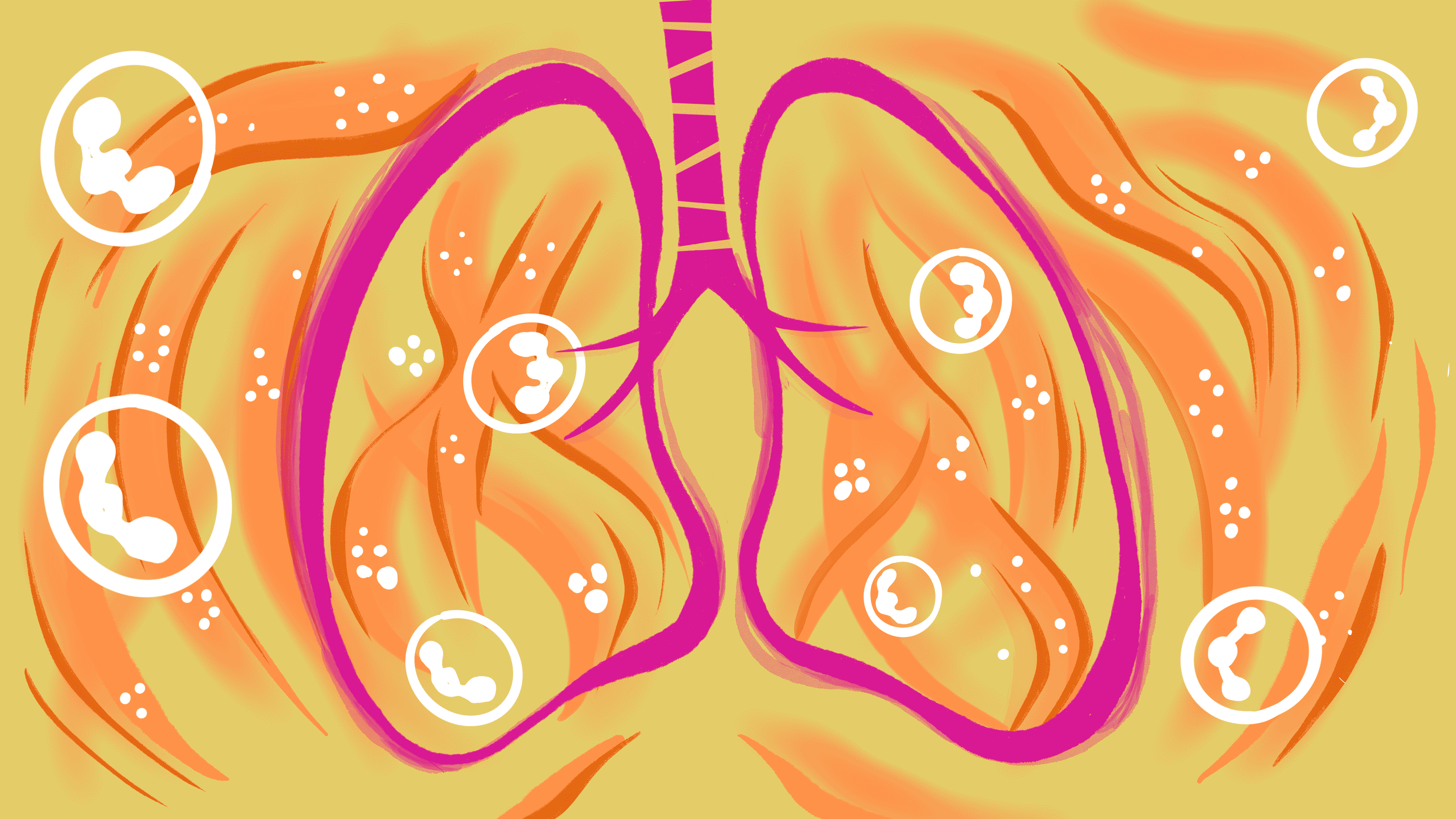 lungs beating pink and orange and yellow and white circles floating around