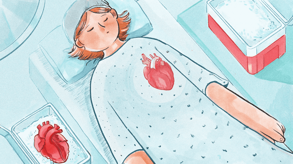 cartoon moving of red heart going into chest of young girl all teal clothing and surgery room