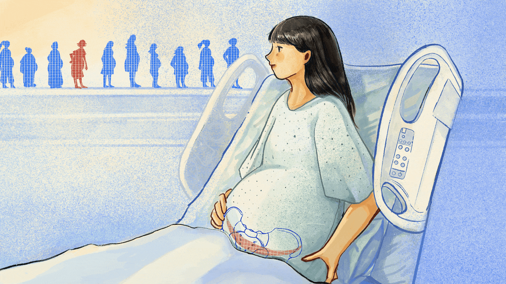 woman in hospital bed with people in distance in purple and one in redand lower area highlighted lighting up 