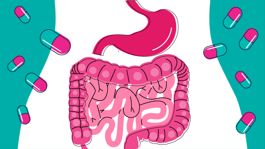 pink organs bleeding from stomach in white drawing of body and teal and pink pills floating in air