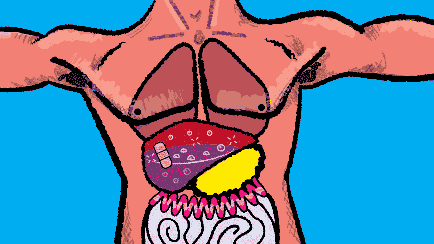 waist up of inside person's body of their organs with purple liver flashing with red warning lines