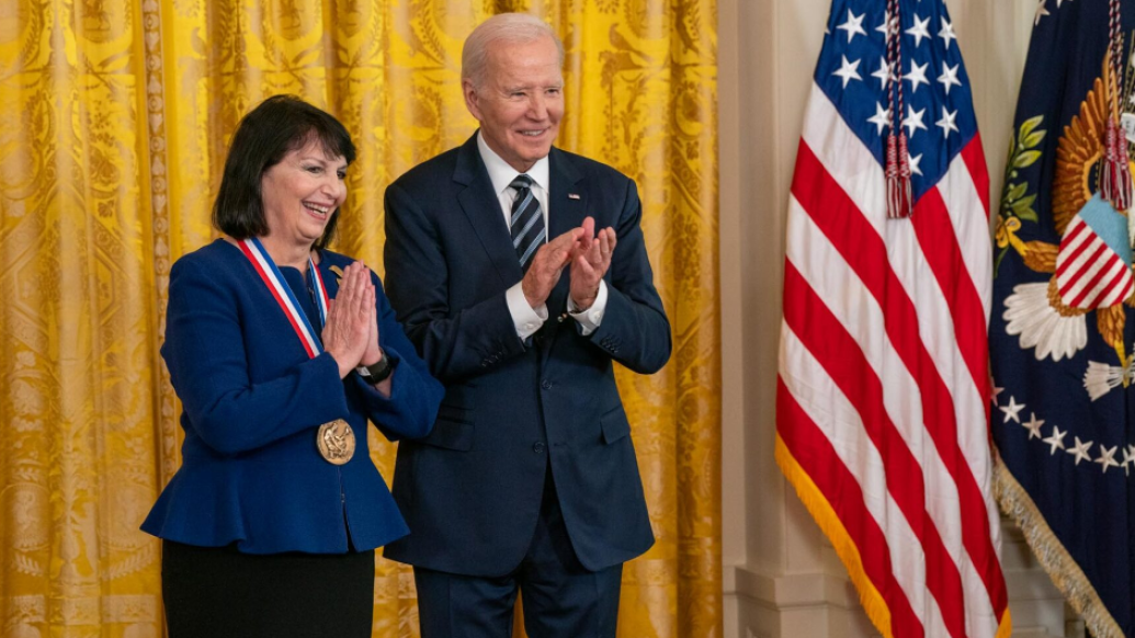Michigan Medicine neuroscientist Huda Akil, Ph.D., accepts National Medal of Science from President Joe Biden.