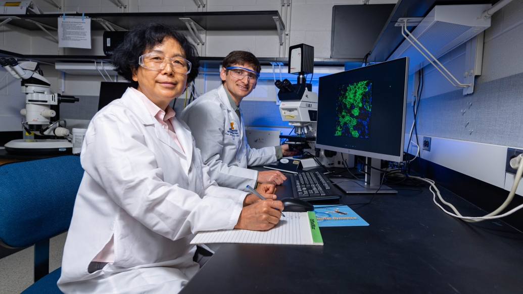 Photo of two researchers sitting in front of a computer screen and microscope in a lab