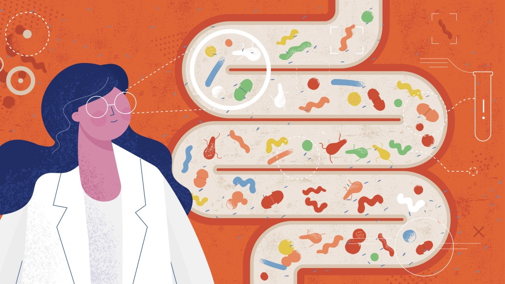 Researcher in white coat focuses gaze on microbes pictured in a twisting tube illustrating the gut