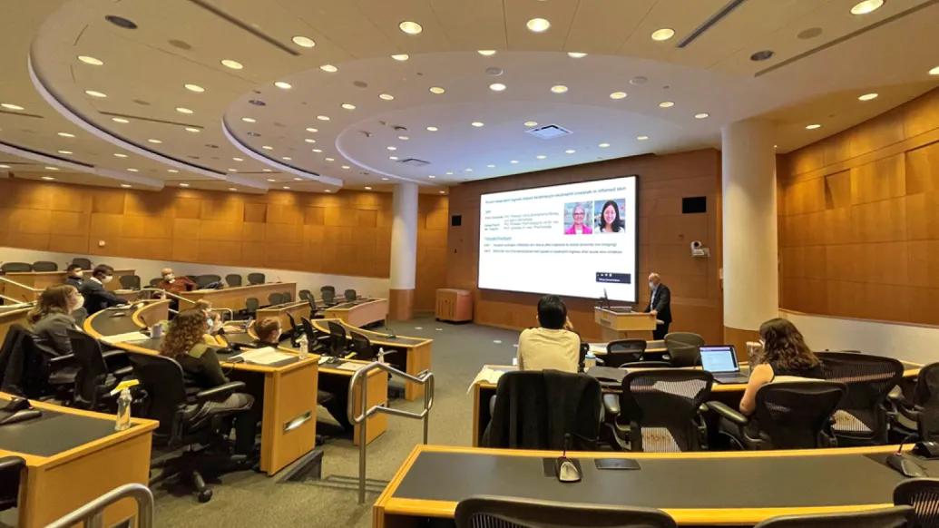Pierre Coulombe, Ph.D., presents on "Live imaging of neutrophil infiltration in stressed skin in real time in vivo" at the 2022 UM-SBDRC Annual Symposium