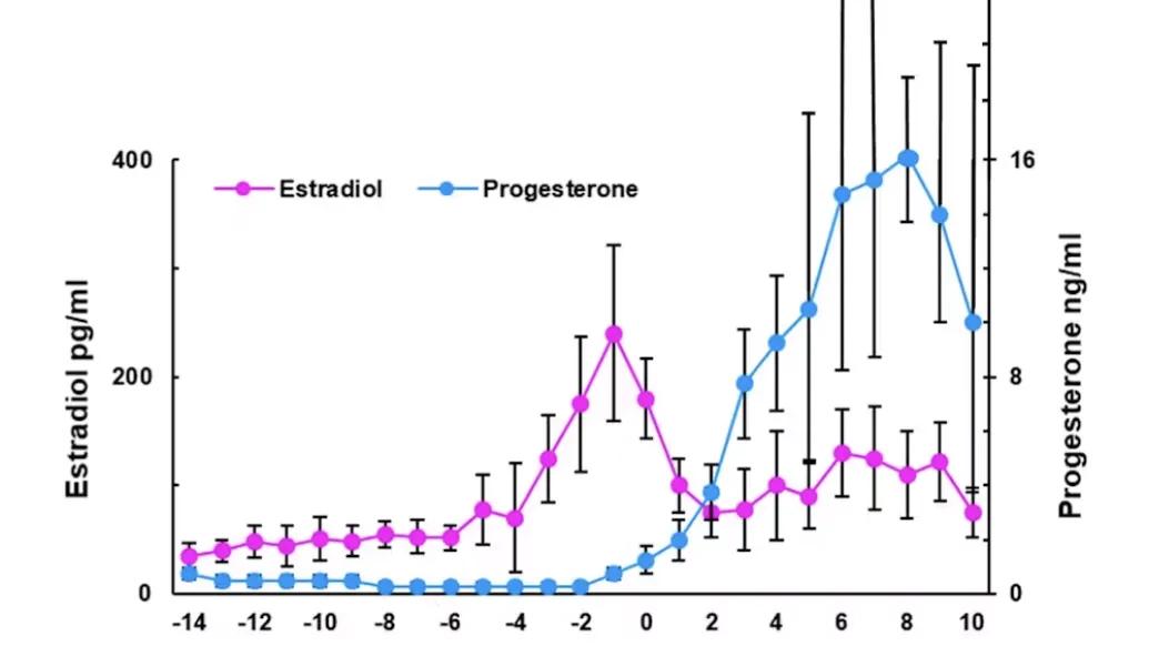 Graph of Estradiol and Progesterone shown over days