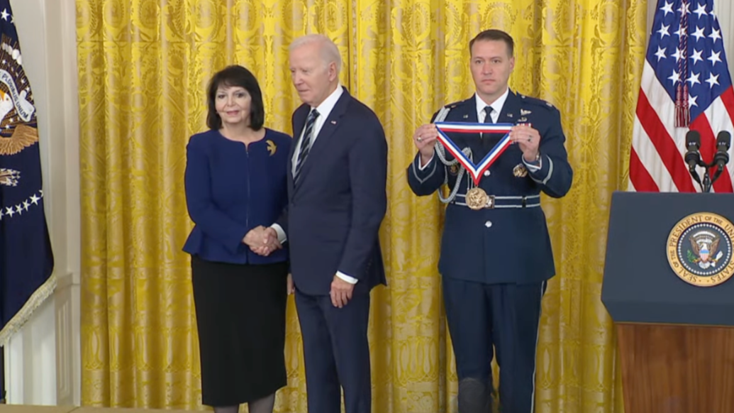 Huda Akil, Ph.D., is presented with the National Medal of Science by President Joe Biden.