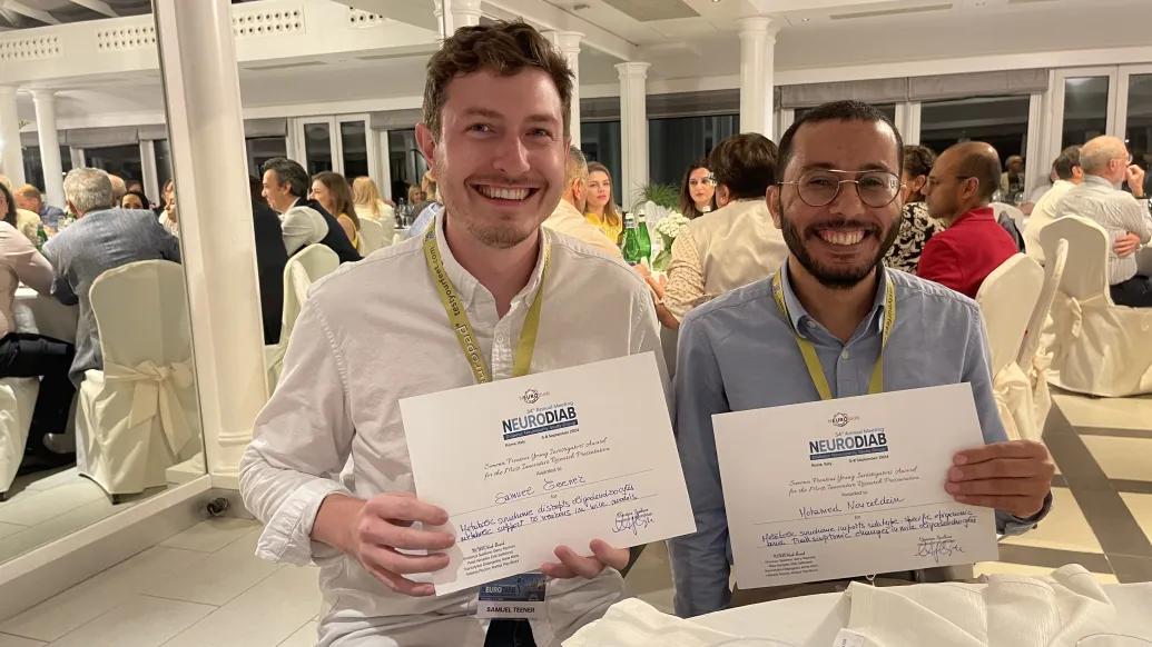 Sam Teener and Mohamed Noureldein after winning awards at NEUROdiab