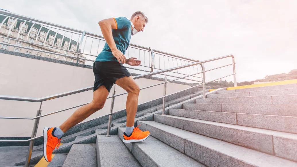 a man running up stairs