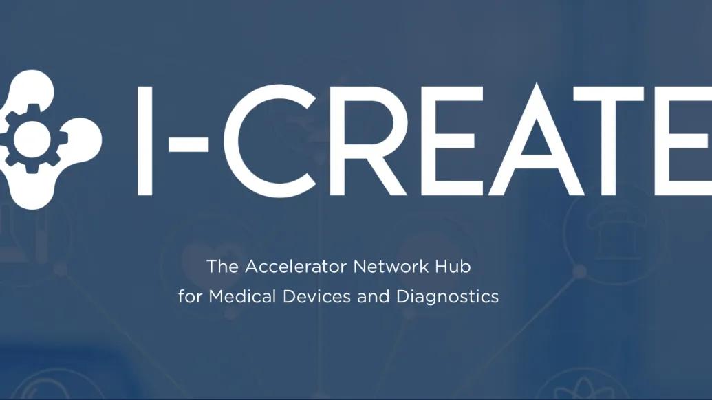 I-CREATE logo in white displayed on a blue background