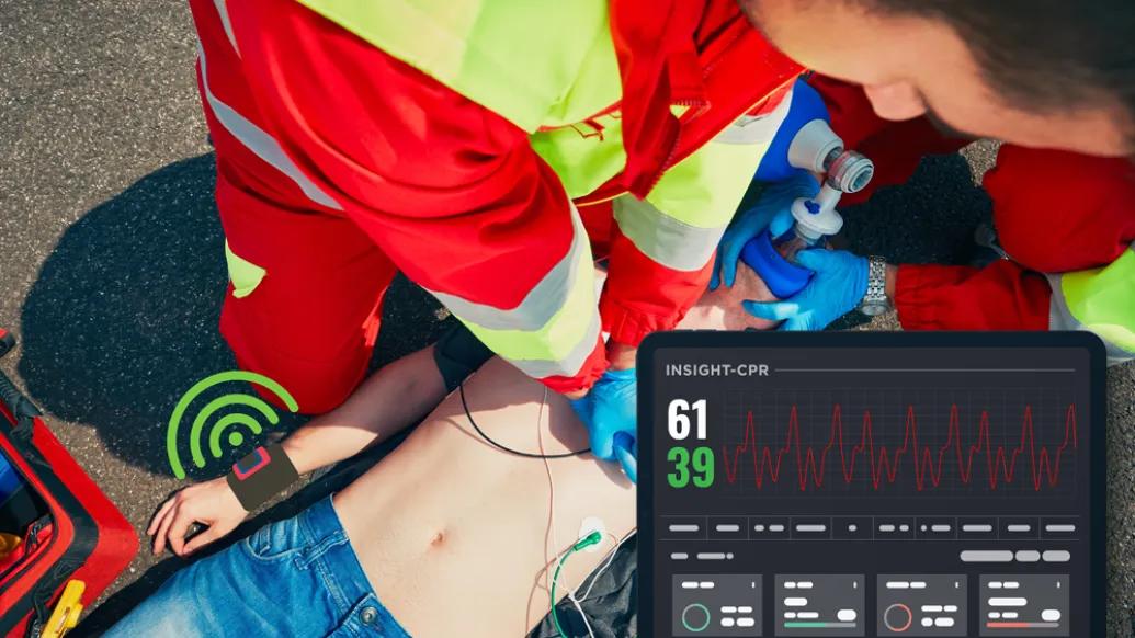 Photo of EMS responding to a cardiac arrest overlayed with illustrations of the INSIGHT-CPR cuff sensor and tablet readout.