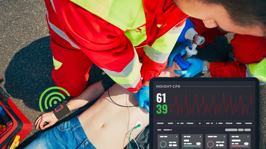Photo of EMS responding to a cardiac arrest overlayed with illustrations of the INSIGHT-CPR cuff sensor and tablet readout.