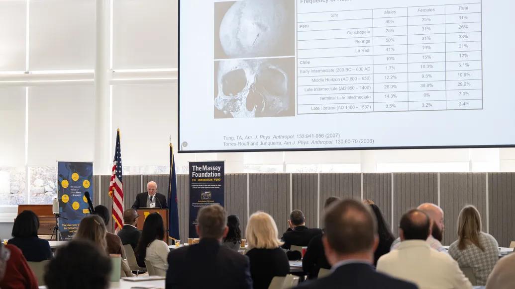 Dr. Ramon Diaz-Arrastia from Penn Medicine gives the keynote presentation at the 2025 Massey TBI Grand Challenge kickoff event.