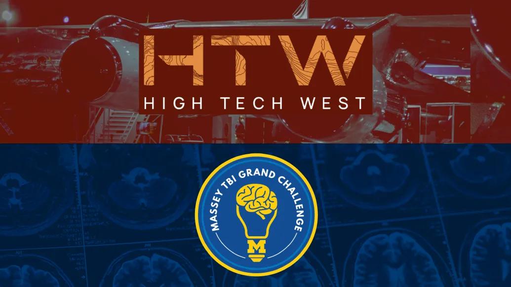 The logos for High Tech West and the Massey Grand Challenge superimposed over images of an aircraft and MRI scans, respectively.