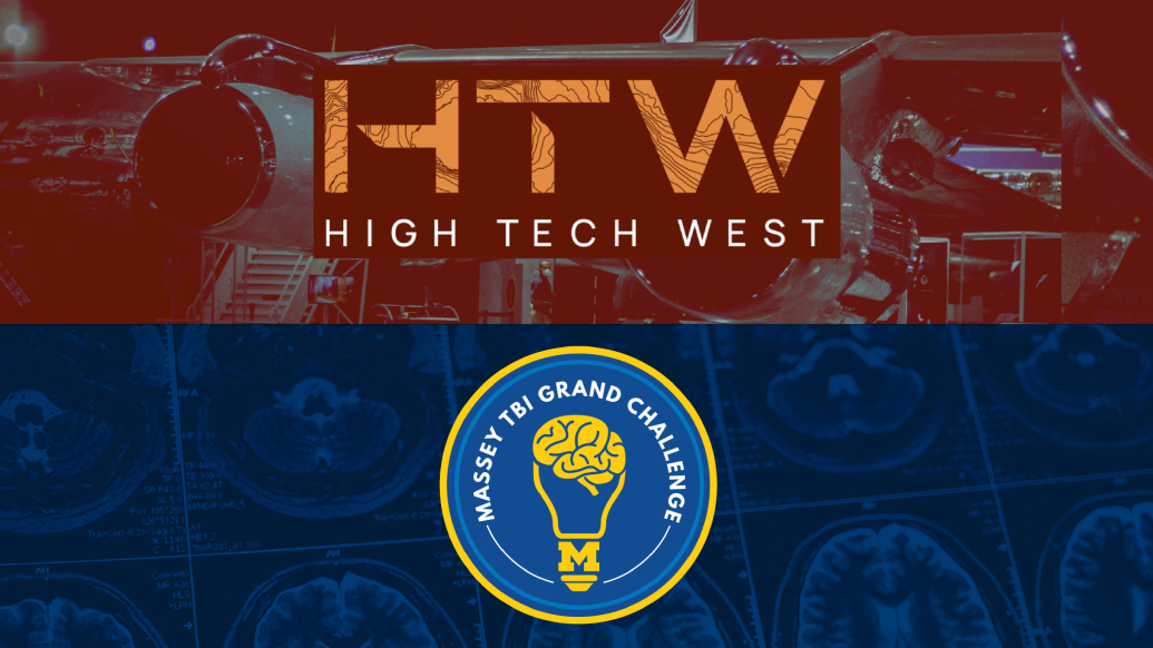 The logos for High Tech West and the Massey Grand Challenge superimposed over images of an aircraft and MRI scans, respectively.