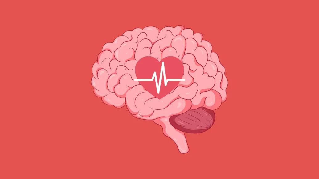 a brain with a heart on top on a red background 