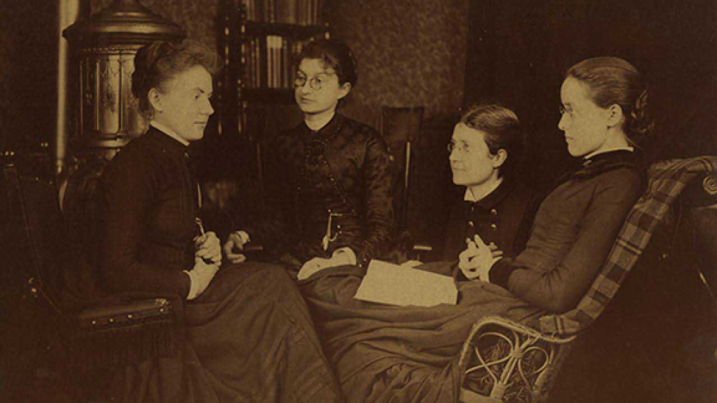 Four 1880s female graduates of the U-M Medical School -  Dr. Bertha Van Hoosen ('88), Dr. Josephine Dorr Blake ('87), Dr. Elizabeth Farrand ('87), Dr. Esther Clara Herrick Brooks ('86)