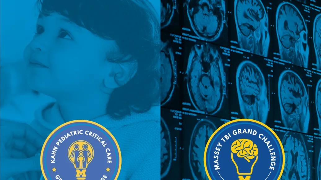 Promotional graphic for the Kahn and Massey Grand Challenges showing a child on the left and a grid of brain scans on the right.