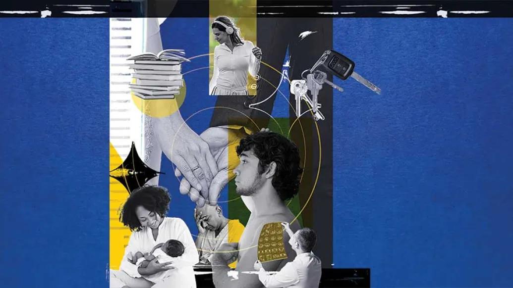 Collage of images showcasing a young man, a young woman, a doctor and a mother with a baby