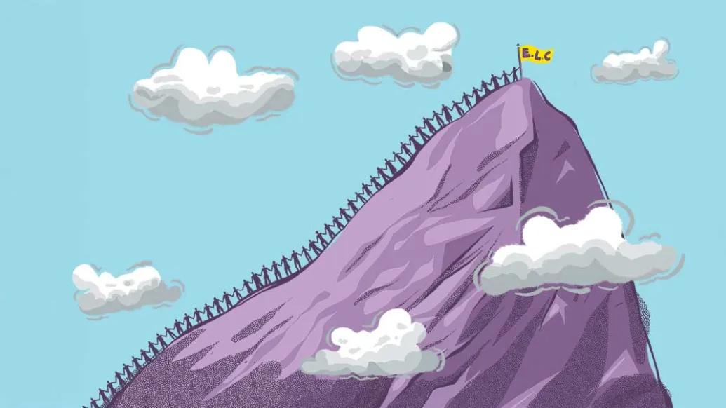 Illustration of a line of people climbing a mountain whose summit is the Emerging Leaders Council