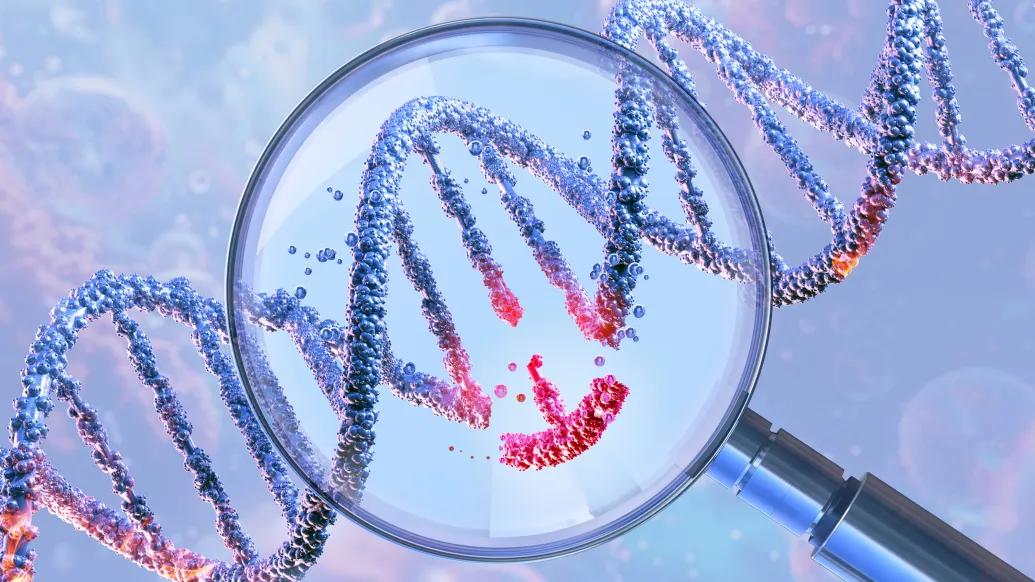 Gene editing, conceptual illustration. DNA (deoxyribonucleic acid) double helix under a magnifying glass