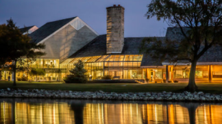 Photo of the lodge building at dusk