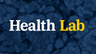 Health Lab word mark overlaying blue cells