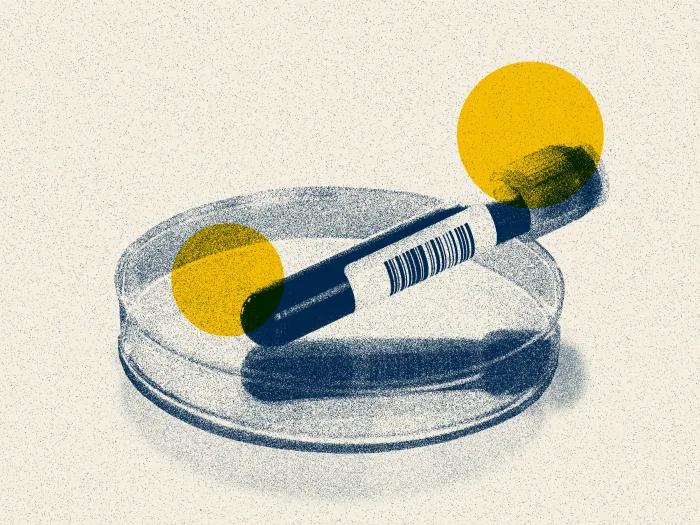 vial of blood over dish blue yellow