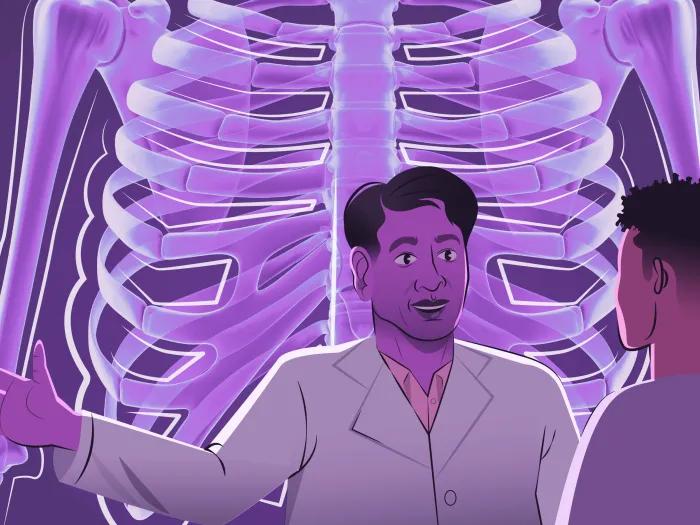 skeleton large in back of doctor talking to patient