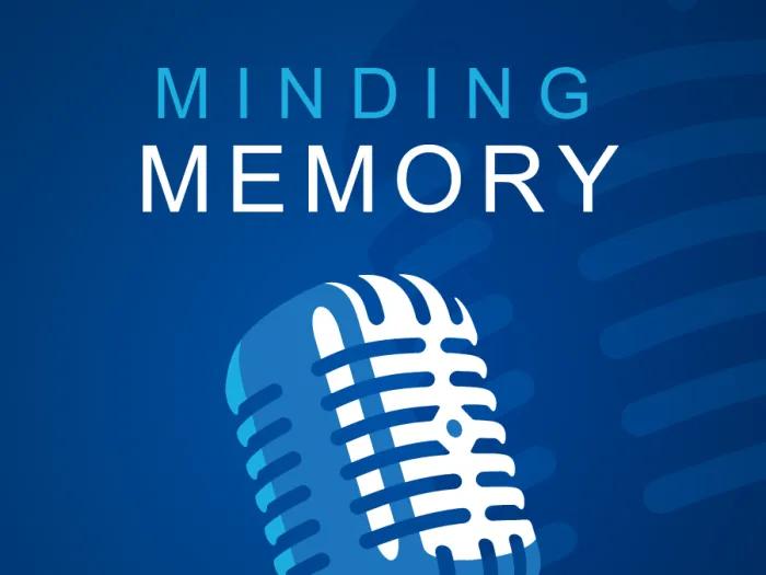 Minding Memory with a microphone and a shadow of a microphone on a blue background