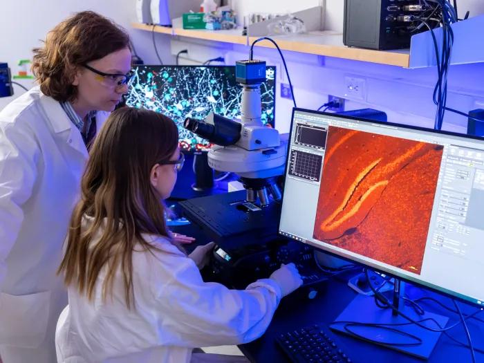 two researchers at a computer and microscope in a lab