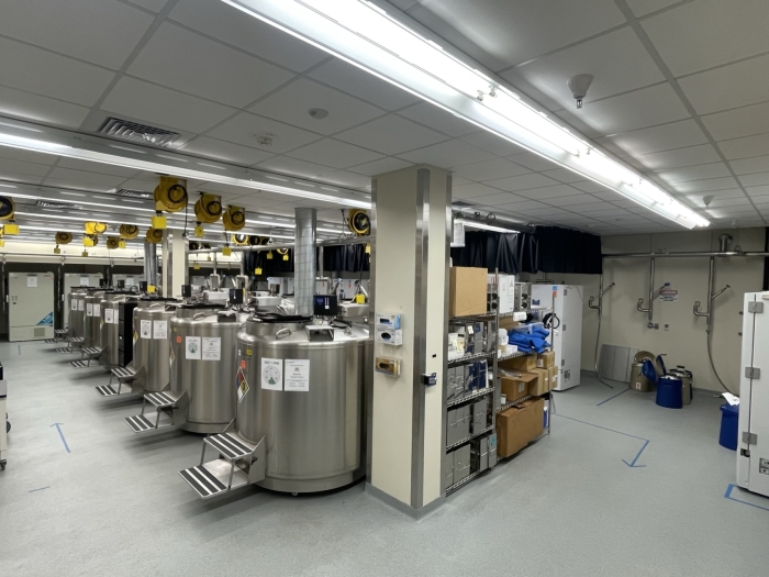 Photo depicting the CBR biorepository. Containing liquid nitrogen storage tanks and other cold storage. 