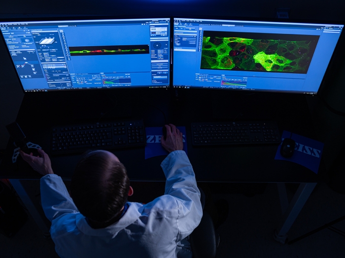 Photo of a male researcher sitting in front of a computer looking at light microscopy imaging 