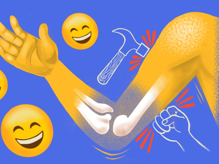 arm see through smiling faces blue yellow hammer and fit hitting arm