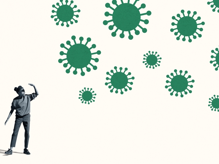 Girl shielding eyes from virus illustration